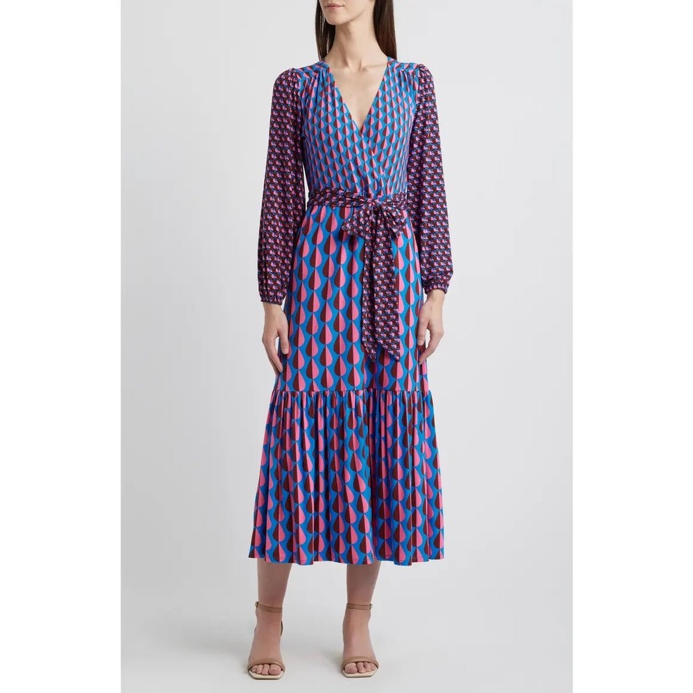 Boden Ophelia Mix Print Long Sleeve Faux Wrap Dress Size 14 Feminine Modest